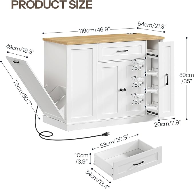 HOOBRO Kitchen Island with Trash Can Storage, Rolling Kitchen Island Cart with & Power Outlet, Island Table with Spice Rack & Drawer, for Kitchen, White and Natural WN20UZD01