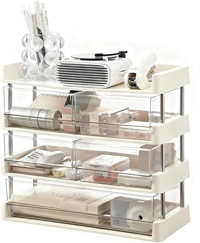 Modular Drawer Organizer, Stackable 4 Trays Come with 5 Drawers box for Tea Bags, Coffee Pods, Spices, Makeup, Office Supplies, Snacks, 12.7x6.7x12.2 inches Countertop Drawer Organizer