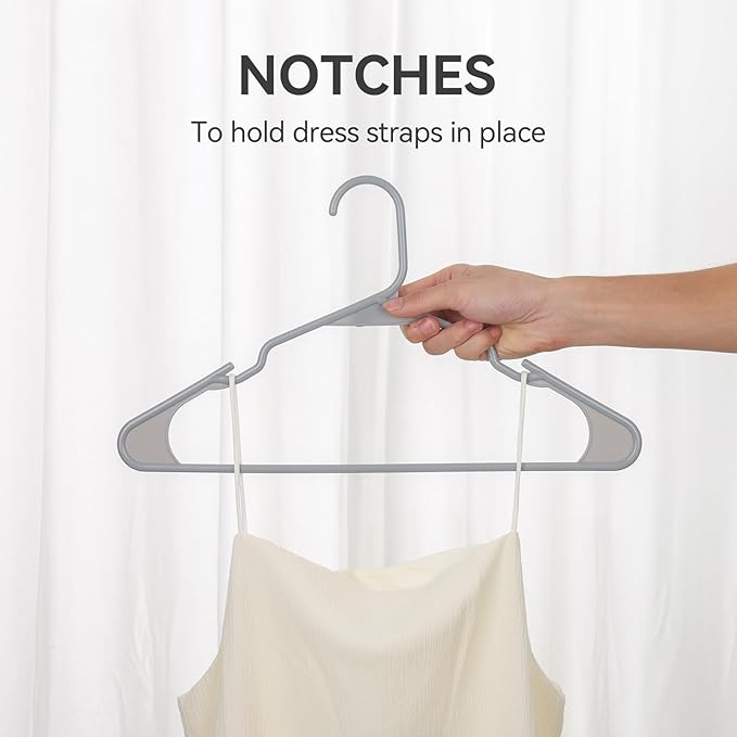 Plastic Hangers - 50 Pack,Durable Space Saving Hangers for Everyday Use and Dorm Room Essentials - Grey