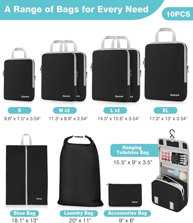 Gonex Compression Packing Cubes, 3pcs/4pcs Expandable Storage Travel Luggage Bags Organizers