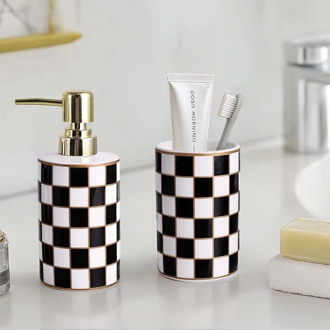 Bathroom Toothbrush Holder Set, Ceramic Checkered Soap Dispenser and Tooth Brush Holder Set, Modern Bathroom Accessories Sets Countertop, Black and White Checkered Bathroom Decor Set (Black)