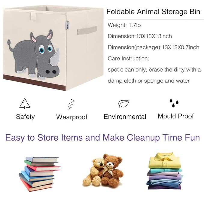 CLCROBD Foldable Animal Cube Storage Bins Fabric Toy Box/Chest/Organizer for Kids Nursery, 13 inch (Rhino)