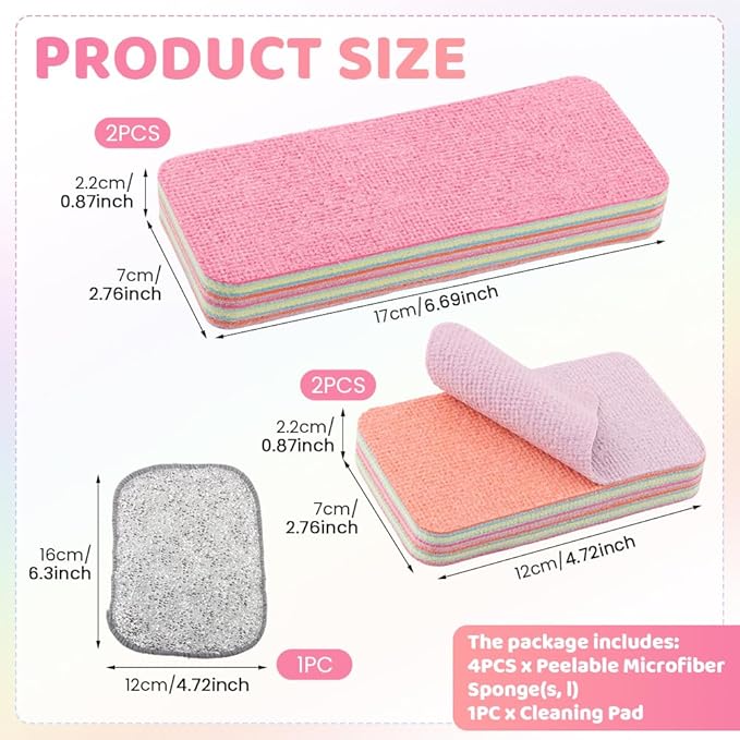 4 Pack 12-Layer Peelable Microfiber Sponges – Ultra Absorbent Reusable Cleaning Pads for Kitchen & Household Cleaning