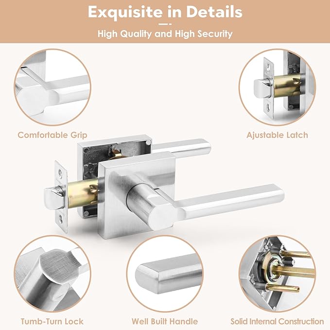 Passage Square Keyless Door Handle Without Key,Only Latch Required,Interior Exterior Free Rotation/One-Touch Opening,Reversible Left Right Lever Lock,ADA-Compliant,for Hallway Closet