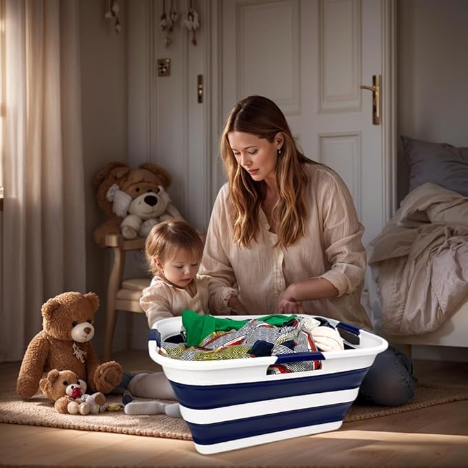 SAMMART 42 (11 Gallons) Collapsible Plastic Laundry Basket, Foldable Pop Up Storage Container/Organizer, Space Saving Hamper, Portable Bin for Dorm Room Bathroom (1, White/Starry Blue)