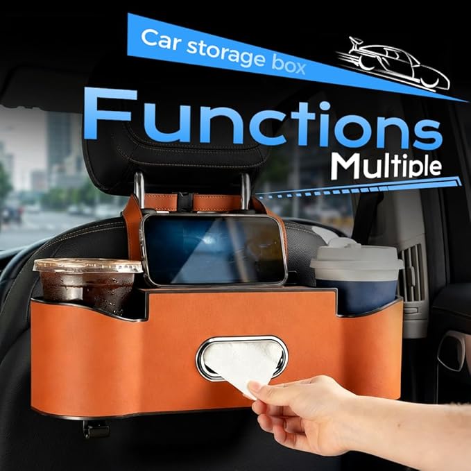 Back Seat Car Organizer with Cup Holder, 2026 New Backseat Car Organizer Back Seat, Multifunctional Car Seat Back Organizer Storage Box with Hooks & Tissue Box, for Drinks, Phone & Handbags (Red)