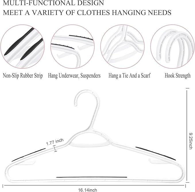 ISHUNAHOME Plastic Hangers 50 Pack - Non Slip Clothes Hangers,Holds up to 18 lbs, Slim Space Saving Hangers for Suit,Dress,t Shirts,Blouse,Coats, Pants (White)