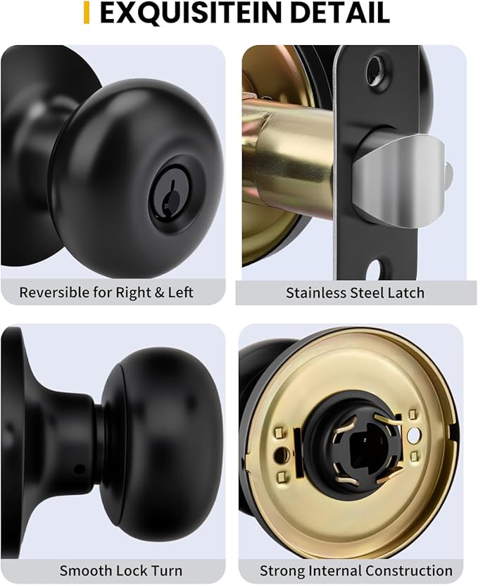 Goldenwarm Keyed-Alike Black Exterior Door Knob with Lock and Key, Front Door Knob, Matte Black Door Knobs Exterior Entry 3 Pack