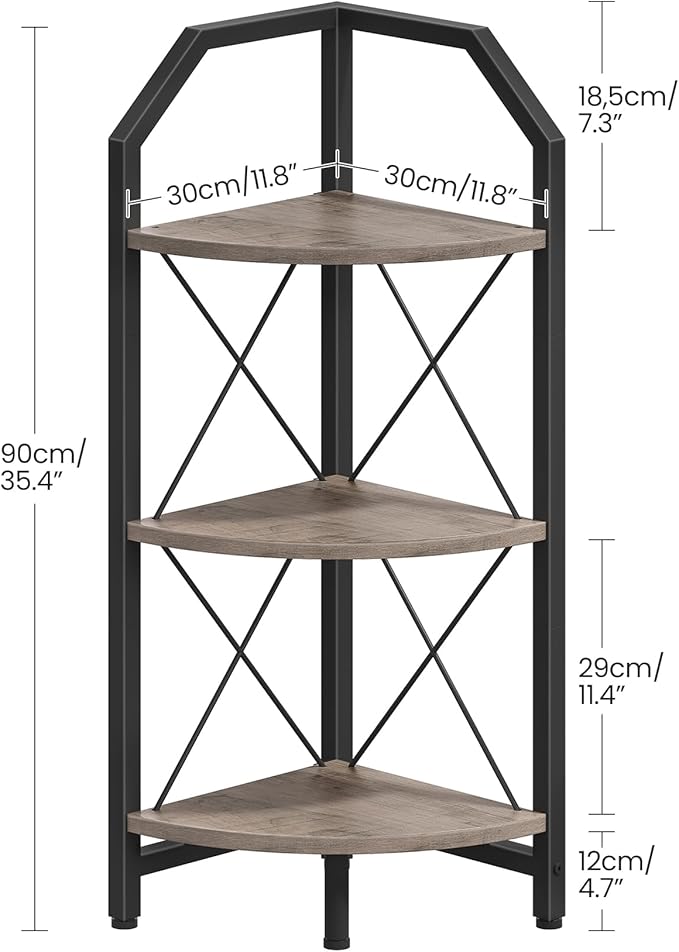 3-Tier Corner Shelf, Industrial Corner Bookshelf, 35.4" Storage Stand, Plant Stand Display Shelf, Bookcase for Bedroom, Living Room, Home Office, Greige and Black TCJ03BG