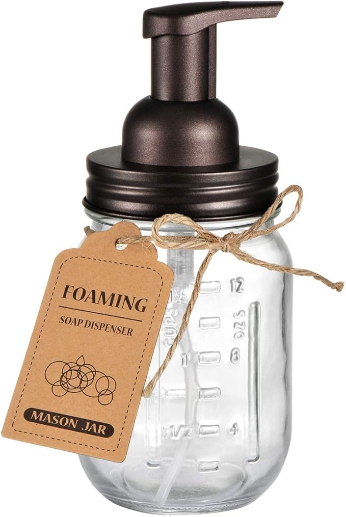 Amolliar Mason Jar Foaming Soap Dispenser, Rustproof Stainless Steel Lid, BPA Free Foam Pump, with Chalkboard Labels, Rustic Farmhouse Decor, Hand Soap Dispenser Bathroom Accessories, Bronze (1 Pack)