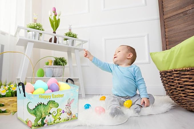 Sanjiaofeng Rectangular Easter Dinosaur Basket Dinosaur Storage Bins,Cute Storage Basket with Handles.Clothers,Books,Kid's Gifts Bins. (Dinosaur family)
