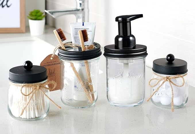 SheeChung Bathroom Accessories, Toothbrush Holder, Foaming Soap Dispenser, Bathroom Decor, Bathroom Accessory Set, Dish Soap Dispenser for Bathroom, Kitchen Sink - Black