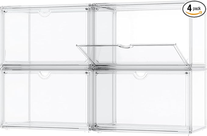 Acrylic Display Cases for Collectibles - Stackable Plastic Storage Shoe Boxes - Magnetic Lid, Figure Organizer