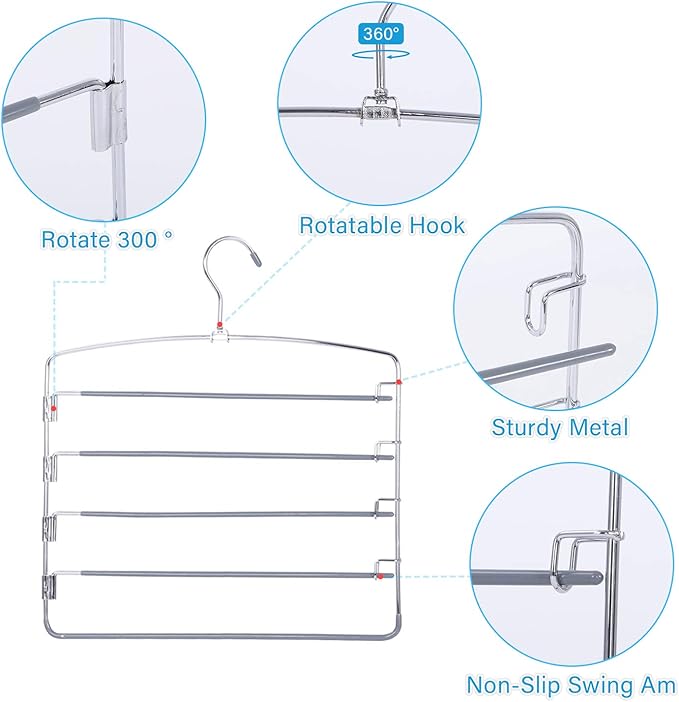 FeeraHozer Pants Hangers Space Saving 3 Pack No Slip 5 Layers Multi Functional Pants Rack Stainless Steel Swing Arm Space Saver Hanger for Trousers Jeans Towels Scarf （Grey）