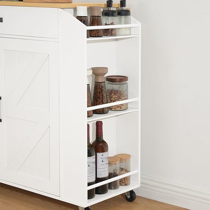 HOOBRO Kitchen Island with Drop Leaf Countertop & Power Outlet, Rolling Island Cart on Wheels, Kitchen Cart with Drawer & Spice Rack, Mobile Island Table for Kitchen, White and Natural WN86UZD01