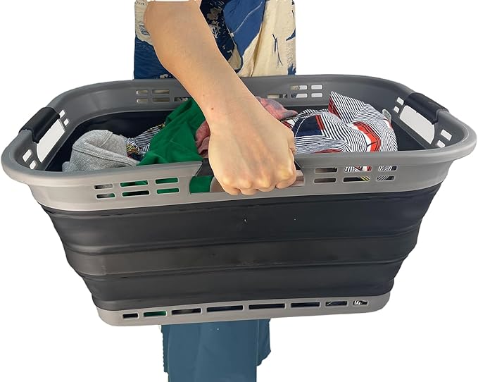 SAMMART Set of 2 Collapsible Plastic Storage Basket - Foldable Pop Up Storage Container - Portable Laundry Organizer - Space Saving Hamper (Grey/Black, 42L (Style A))