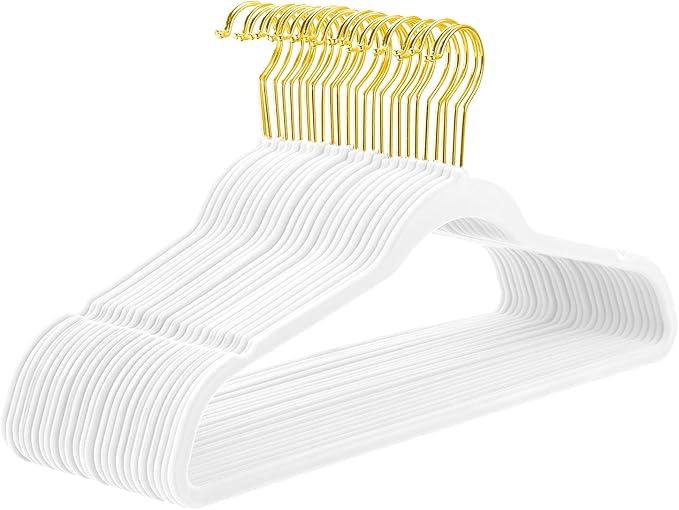 MIZGI Premium Velvet Hangers - 40 Pcs Heavy Duty, Non Slip Felt, Space Saving, White with Gold Hooks