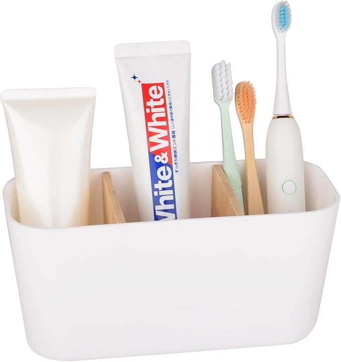 Toothbrush Holders for Bathrooms, Bamboo Tooth Brush Holder with 3 Slots Bathroom Vanity Organizer Countertop for Electric Toothbrushes, Toothpaste, Razors - White