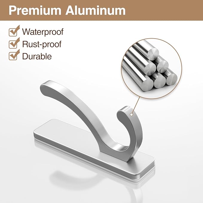 pickpiff Adhesive Wall Hooks for Towels - Sticky Hook Hanging Heavy Duty (13lb), Hanger for Door, Bathroom, Dorm, Closet - for Coats, Purse, Bag, Robe - No Damage to Wall - Silver 4 Pack