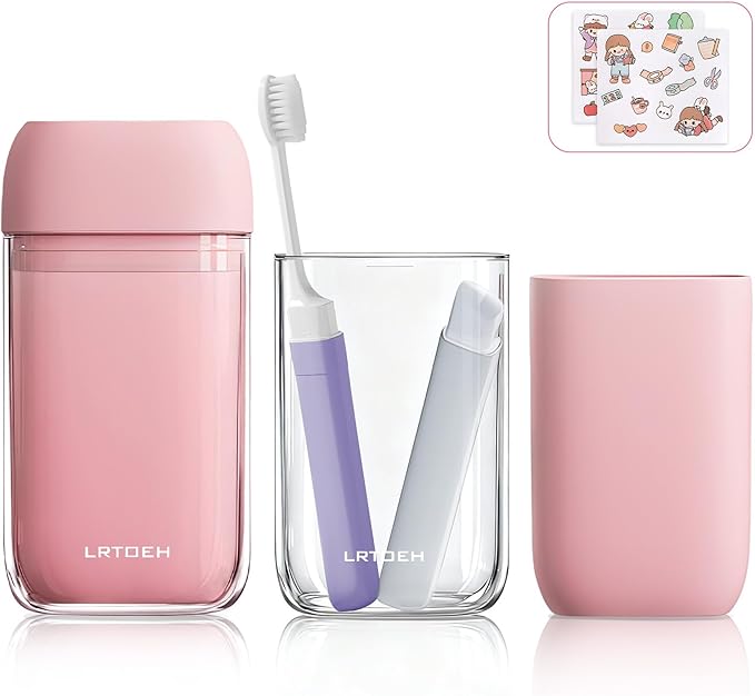 Travel Toothbrush Set, Portable Travel Wash Cup with Foldable Toothbrush, Small Toothbrushes Case Holder with Cover, Lightweight Mini for Hiking, Business Trip (Pink)