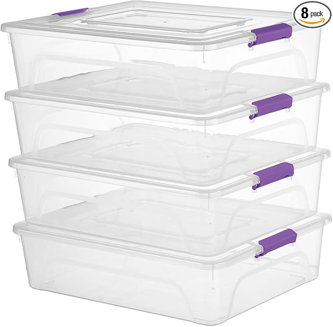 novelinks Clear Stackable Storage Bins with lid Storage Boxes Durable Plastic Organizer Containers for Home Office, Kitchen, Craft Supplies (10 Quart 4 Pack Purple)