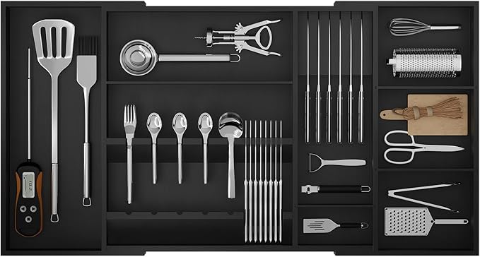 Bamboo Silverware Drawer Organizer, 17.7-29.5 Inch Expandable Large Kitchen Drawer Organizer, 5-8 Slot Flatware with Removable Card Slots & Knife Block for Spoon Butter Knive, Black