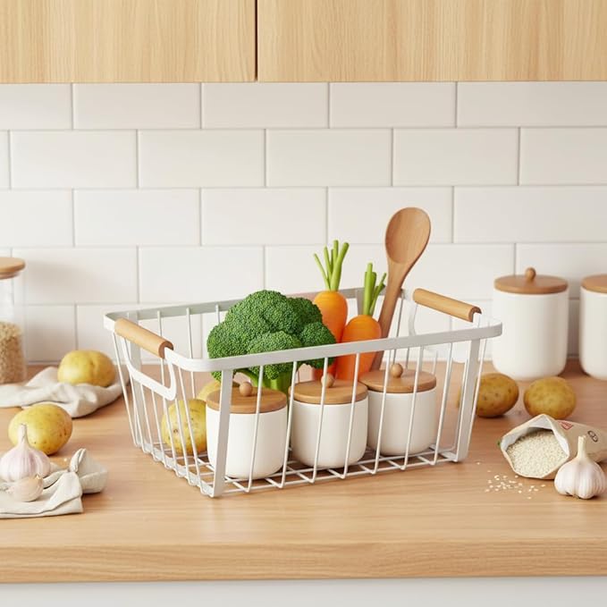 LeleCAT Wire Baskets with Wooden Handle ,Metal Wire Storage Baskets Country Vintage Style Storage Baskets.Storage bins for Kitchen,Bedroom,Bathroom,White,Set of 2