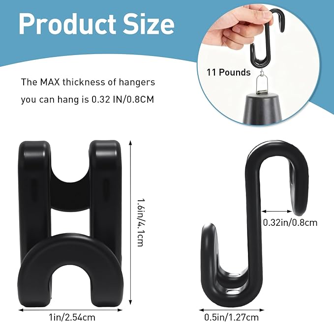 100 PCS Clothes Hanger Connector S Shaped Hooks,Plastic Reusable Space Saving Heavy Duty Hanger Extender Clips for Closet Organizer,Includes 1 Mesh Storage Bag(Black)