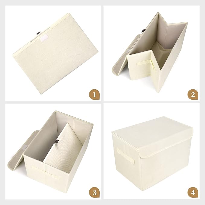 Large 42 Quarts Collapsible Stackable Storage Bins Cube with Lids [3-Pack] Foldable Fabric Linen Storage Boxes, Closet Organizer Baskets with Label for Home (16.7 x 12 x 12, Beige)