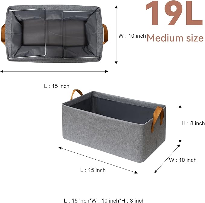 SNWDN 4 Pack Closet Cloth Storage Bins for Shelves,Medium Storage Baskets for Shelves, Fabric Bins for Closet organization with Handles（ Gray 15''L x 10''W x 8''H）