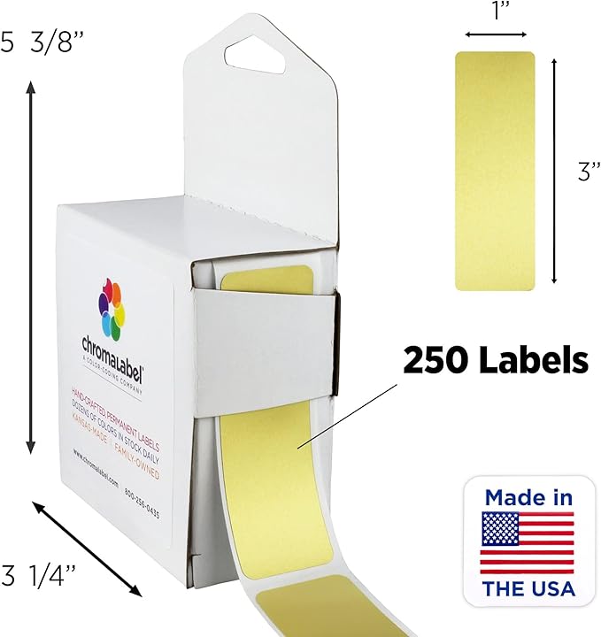 ChromaLabel 1 x 3 Inch All Purpose Permanent Color Code Rectangle Labels, 250 Labels per Dispenser Box, Metallic Gold
