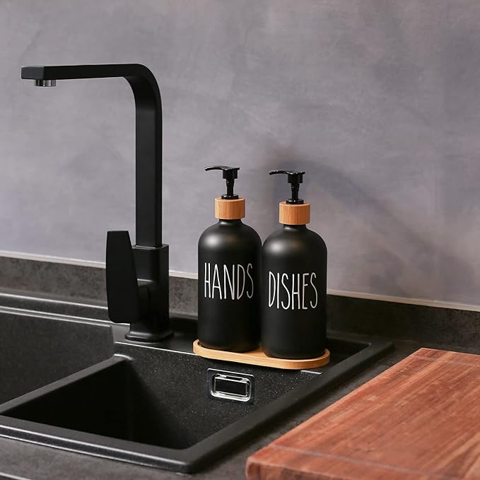 MOMEEMO Black Soap Dispenser Set, Contains Hand and Dish Soap Dispenser, Suitable for Kitchen Decor. (Black)