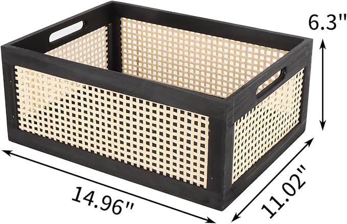 Wooden Frame Storage Basket, Decorative Organizer Crates Box with Built-in Handle,Natural Wire Wood Nesting Drawer Storage for Kitchen, Bathroom and Office Desktop-(15" Lx11 Wx6.3 H-Black)