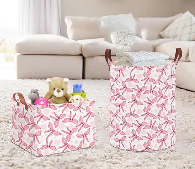 Rectangular Storage Basket Empty,Toys Storage Bin with Handles,Baby Room Decor,Gift Basket,Book Box(Pink Bowknot)