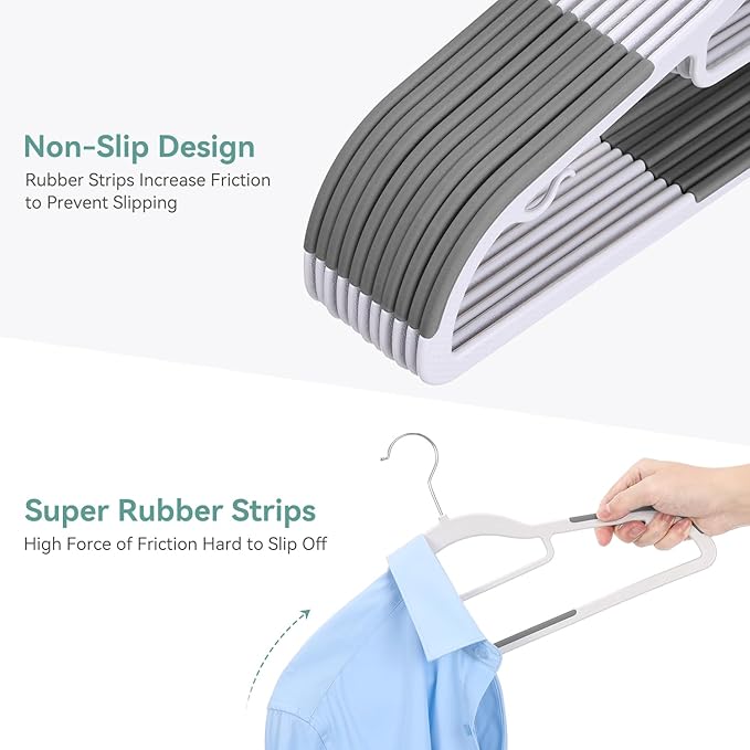 NCXTKJ Coat Hangers 30 Pack, Plastic Clothes Hangers Non Slip with Rubber Grip, Heavy Duty Hanger with 360° Swivel Metal Hook, Ultra Thin Hangers Space Saving for Closet Organizer, White and Dark Gray