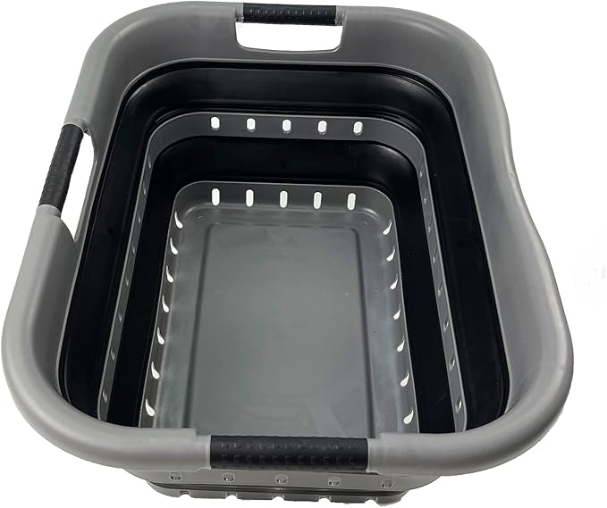 SAMMART Collapsible 3 Handled Plastic Laundry Basket - Foldable Pop Up Storage Container/Organizer - Portable Basket - Space Saving Hamper/Basket (Grey/Black, 3 handled rectangular)
