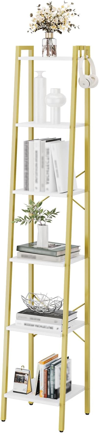 Ladder Shelf, Bookshelf Bookcase, Freestanding Corner Storage Shelve with 2 Hooks for Home Office, Living Room, Kitchen, Bedroom, Industrial, 11.8" D x 13.4" W x 72.8" H,White Gold BC13313G
