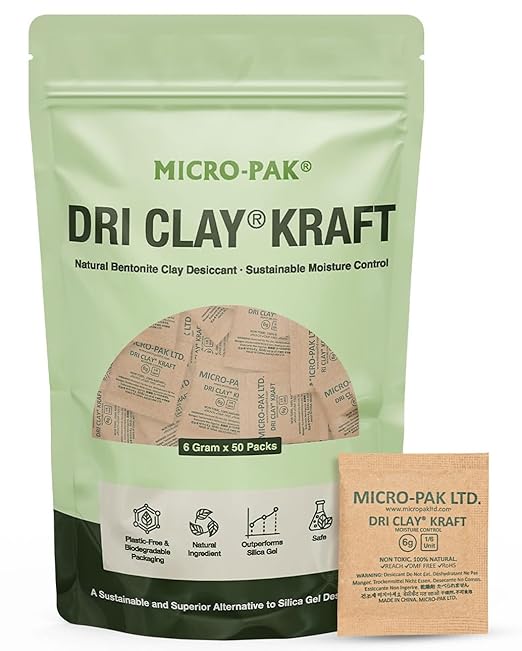 Micro-Pak Dri Clay Kraft, Highest Moisture Absorption Desiccant Packs, Silica Gel Packets Alternative, Food Safe Bentonite Clay, Desiccant Packs for Storage, Moisture Absorbers for Closet, 6gx50pcs