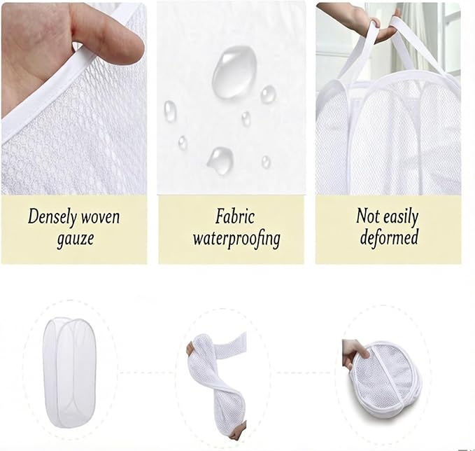The upgraded pop-up laundry basket features a breathable side pocket mesh design, making it ideal for rooms, apartments, dormitories, travel, business trips, and children's storage (1,white)