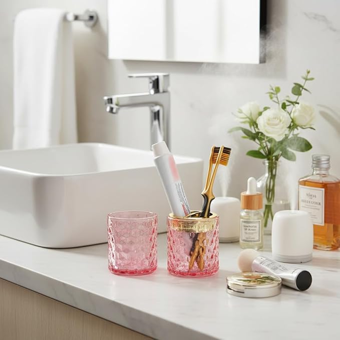 2pcs Pink Toothbrush Holders for Bathrooms, Glass Toothbrush Holder and Bathroom Tumbler Cup Set, Gold Bathroom Tooth Brush Cup Organizer for Brushes,Toothpaste and Razor