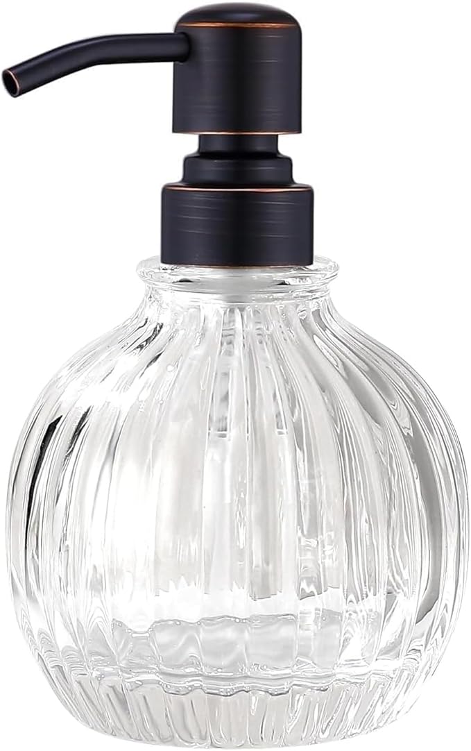 Round Soap Dispenser Bathroom with Oil Rubbed Bronze Pump, Glass Pump Bottle with Stainless Steel Pump Liquid Sphere Soap Dispenser Circular Countertop Kitchen