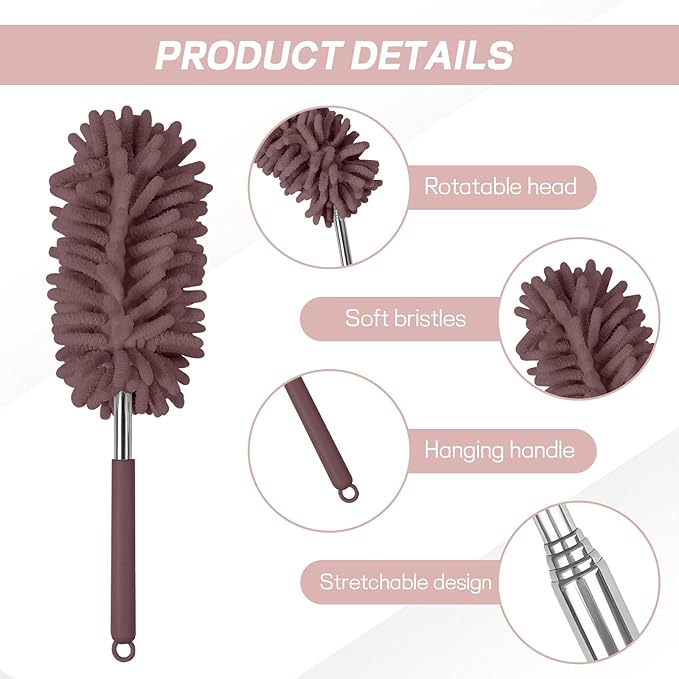 2PCS Car Interior Duster with Extension Pole, Soft Chenille Microfiber Duster for Cleaning, Scratch Free & Lint-Free, Washable Cleaning Brushes for Vehicle Details, Home, Office (Coffee)