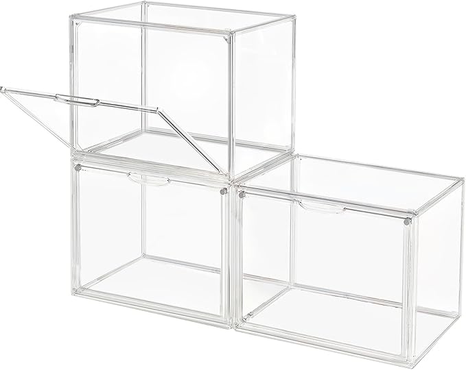 Clear Stackable Plastic Storage Bins with Magnetic Lid, Dustproof Book & Cosmetic Acrylic Display Cases, Large Figures Collectibles Showcase, Shoe Box, Protection Organizer (L, Count, 3)