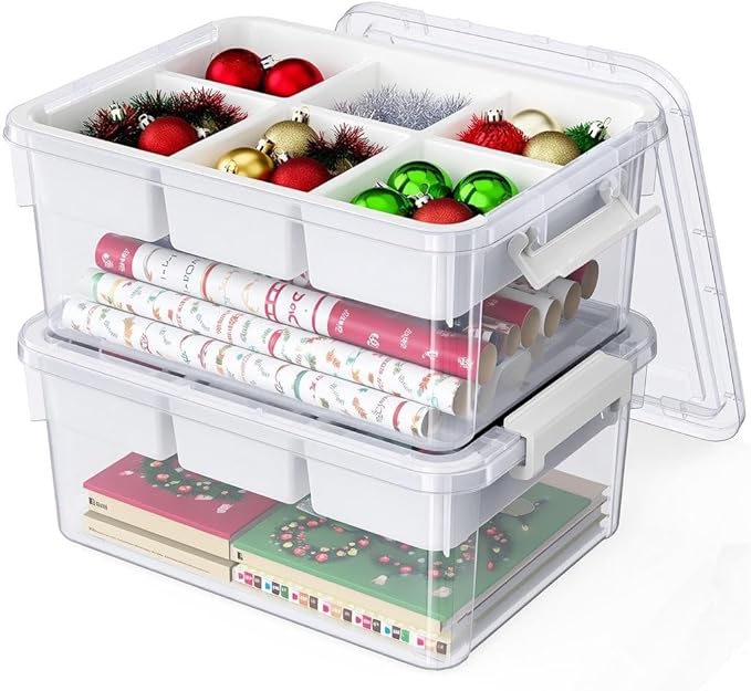 HOMETUK 40Qt Plastic Storage Bins with Lids, Clear Latching Organizers Boxes with Removable Trays, Portable Storage Containers, for Holiday Ornaments, Home Organization, 2Pack