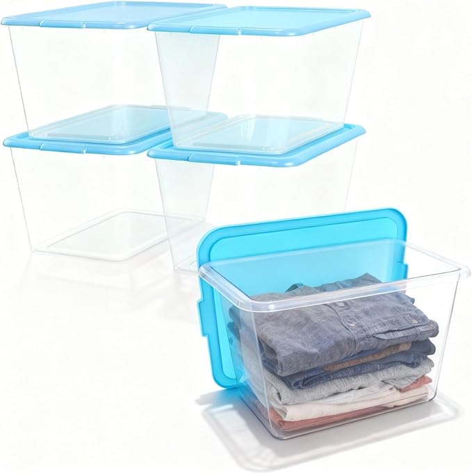 Storage Totes with Lids - Made in USA 14.5-Gallon (58-Quart) 4-Pack storage bins with lids plastic storage containers large storage boxes for Organizer Sky Blue/Clear