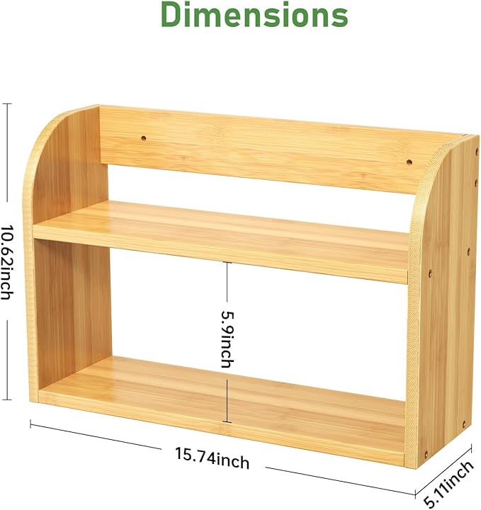 2 Tier Bamboo Spice Rack, Countertop or Wall Mounting Wood Spice Jars Organizer Shelf for Kitche, Pantry (Natural)