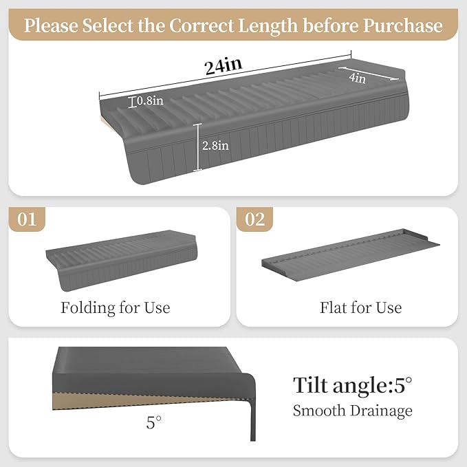 Sink Edge Protector with Suction Cup, 24" x 4", Silicone Sink Splash Guard for Kitchen & Bathroom, Protect Countertop from Scratches, Stains, for Stainless Steel Granite Quartz
