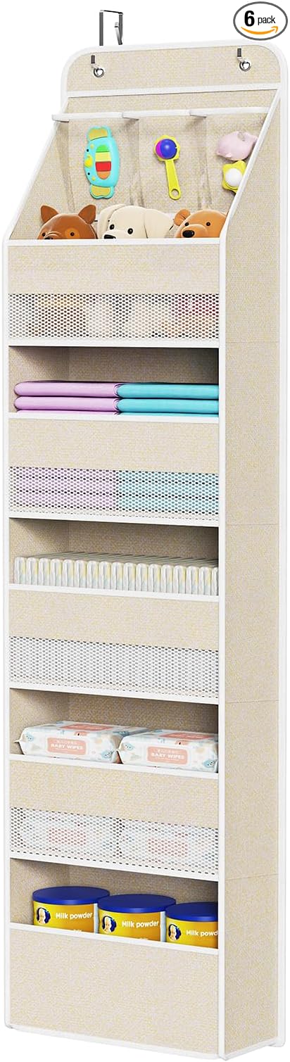 Univivi 6-Shelf Over Door Hanging Organizer Fabric Baby Door Storage with 5 Extra Large Capacity Pockets Behind the Door Hanging Storage Organizers Easy Install Door Storage for Baby Essential (Beige)