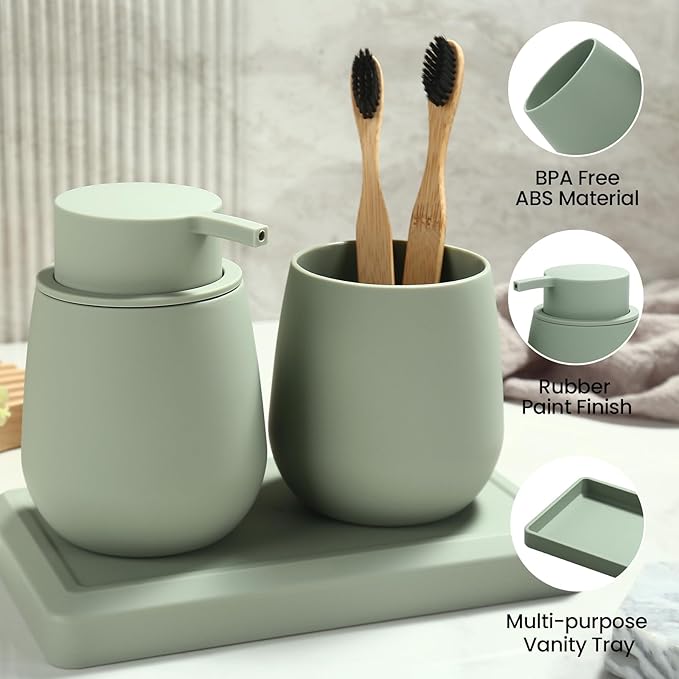 Bathroom Accessories Set, Modern 3 Pcs Bathroom Essentials - Soap Dispenser, Toothbrush Holder & Tray, Countertop Vanity Organizer (Green)