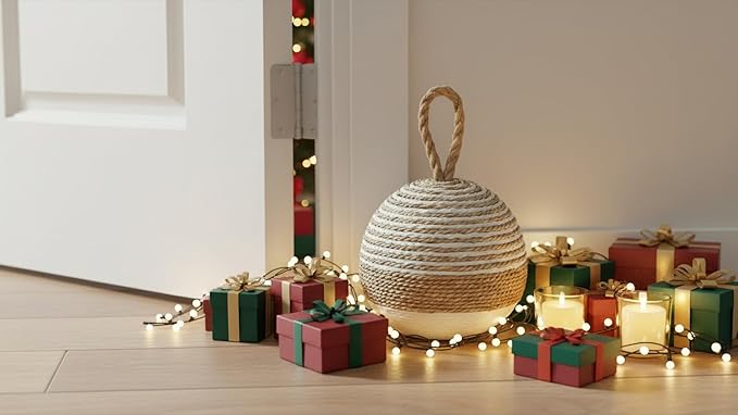 PEMAR Natural Wicker Door Stopper with Handle, Rustic Farmhouse Decorative Door Stop, Heavy Indoor Doorstop, Nautical Blocker Jammer 6.3''D Sphere Ball Shape (Seagrass)